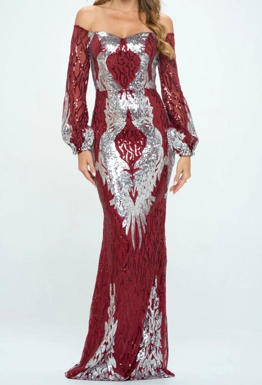 Ricarica Women’s Burgundy Off the Shoulder Sequin Bodycon Maxi Dress size Small